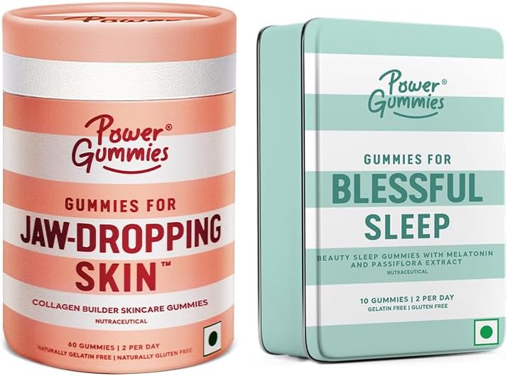 Power Gummies - Jaw Dropping Skin 60 Gummies + Blessful 10 Gummies || Collagen Builder, Glowing & Healthy Skin, Deep Sleep & Non Habbit Forming for Women & Men - Lemon Twist & Fruit Flavour