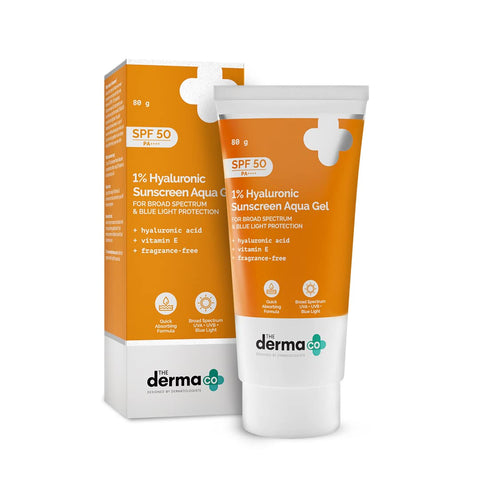 The Derma Co 1% Hyaluronic Sunscreen SPF 50 Aqua Gel, PA++++, Lightweight, No white-cast for Broad Spectrum & Blue Light Protection for Oily and Dry Skin - 80g