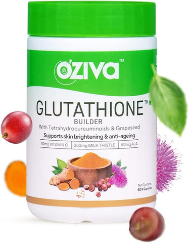 Oziva Plant Based Glutathione Builder | Glutathione Tablets For Skin Glow & Anti-Ageing | Sugar Free, Antioxidant Supplements With Grapeseed, Vitamins C & E, Selenium, 60 Veg Capsules