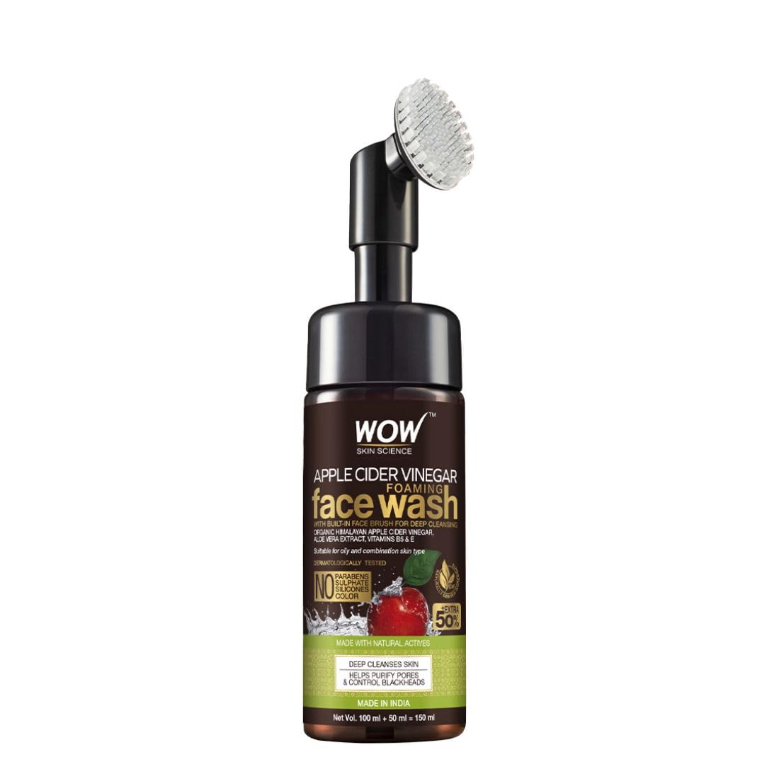 WOW Skin Science Apple Cider Vinegar Foaming Face Wash with Brush, 150ml