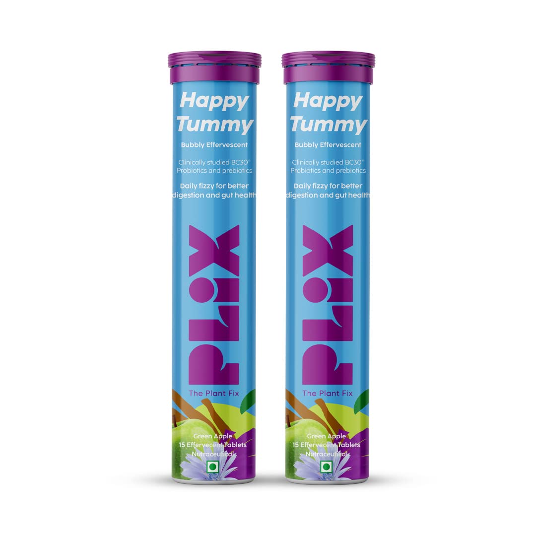 Plix Happy Tummy Pre+Probiotic Effervescent Tablets - Green Apple, 15 Tablets x 2 Pack