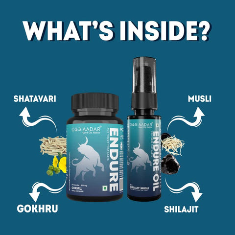 AADAR ENDURE Capsule and Oil Improves Energy, Immunity Specially Formulated for Men Contains 10+ Ayurvedic Herbs Shatavari, Musli, Shilajit (60 capsules and 30 ml oil) (Pack of 2)