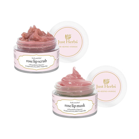 Just Herbs Ayurvedic & Vegan Rose Lip Scrub & Lip Mask Duo Pack For Chapped, Pigmented & Dark Lips, 30Gm