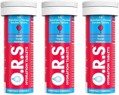 O.R.S Hydration Tablets with Electrolytes Natural Strawberry Flavour, 36 Tablets (Pack of 3 x 12)