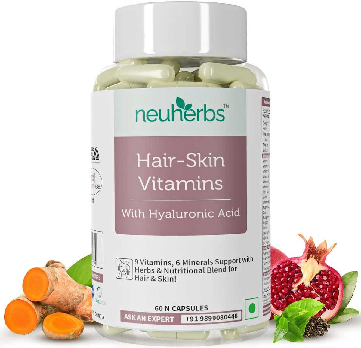 Neuherbs Hair-Skin Vitamins with Hyaluronic Acid Capsules, 60 Count