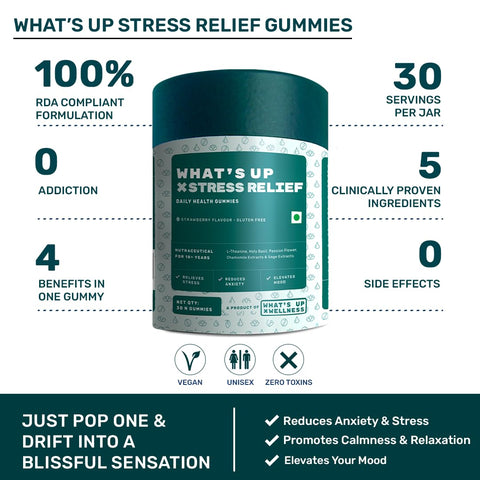 What's Up Wellness Stress Relief Gummies with Chamomile, Passion Flower, L-theanine, Sage & Holy Basil, Help reduce Stress 30 Gummy Pack