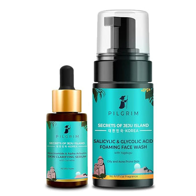 مجموعة بيلجريم لإزالة ندبات حب الشباب وعلاماته | غسول رغوي للوجه يحتوي على 1.5% من حمض الساليسيليك (BHA) وحمض الجليكوليك (AHA) 120 مل، سيروم مُنقّي للبشرة بالنياسيناميد وألفا أربوتين 30 مل | جميع أنواع البشرة | العناية بالبشرة الكورية