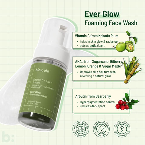 Biocule Ever Glow Foaming Face Wash : Vitamin c + AHA + Arbutin 100ml