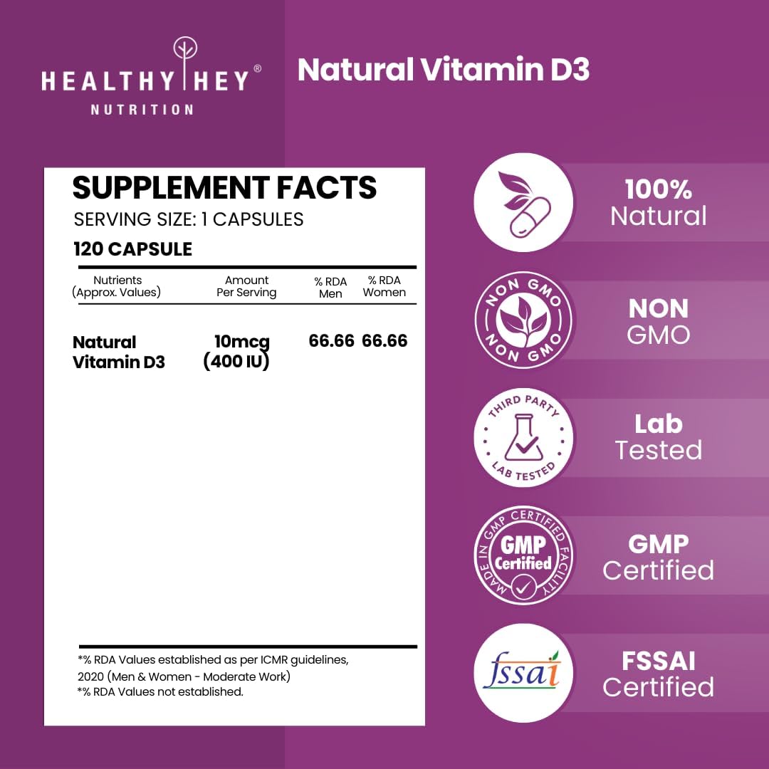 HealthyHey Vegan Vitamin D3 Capsules - Plant-Based, Non-GMO, 400 IU, 120 Count - Image 2