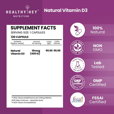 HealthyHey Vegan Vitamin D3 Capsules - Plant-Based, Non-GMO, 400 IU, 120 Count - Image 2