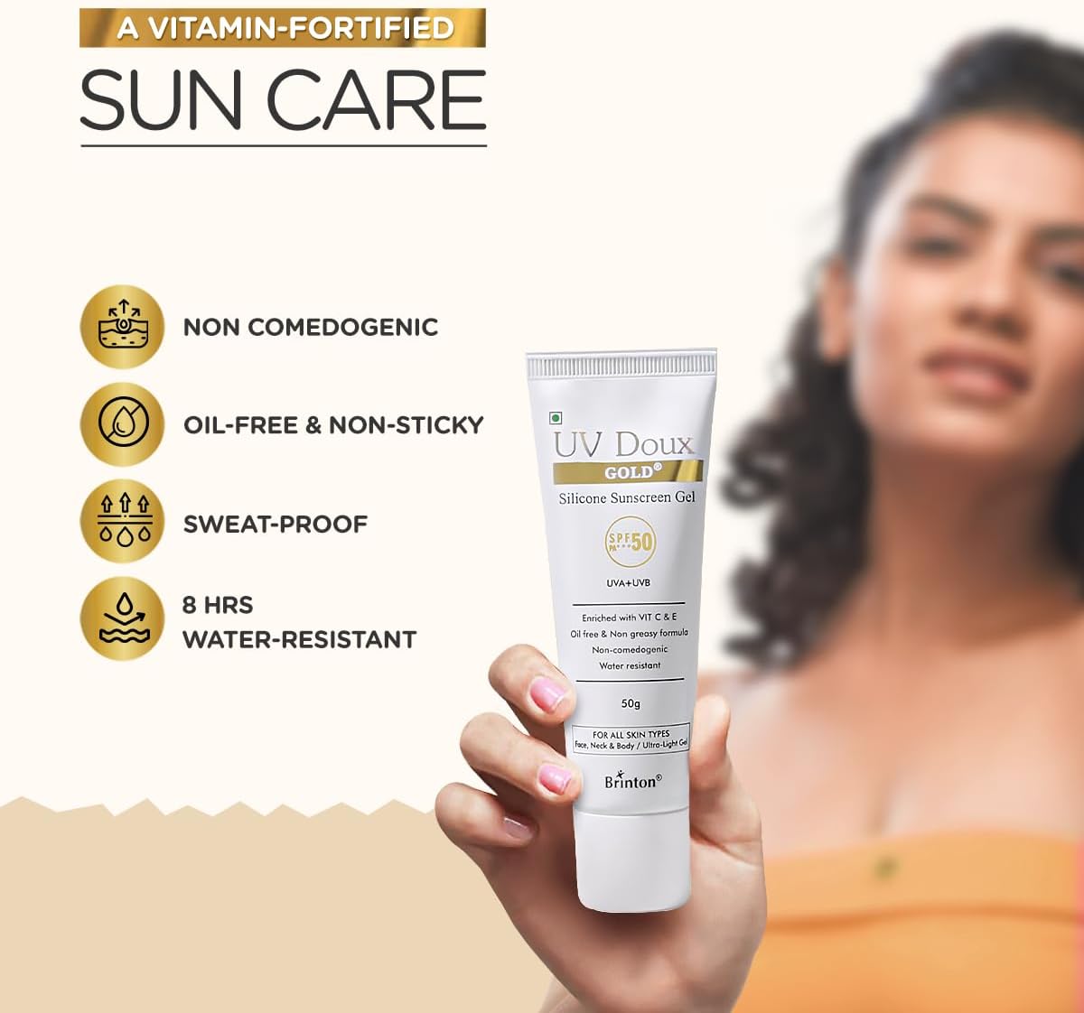 Brinton UV Doux Gold Silicone Sunscreen Gel SPF 50 PA+++ with Vitamin C & E, 50g - Image 3