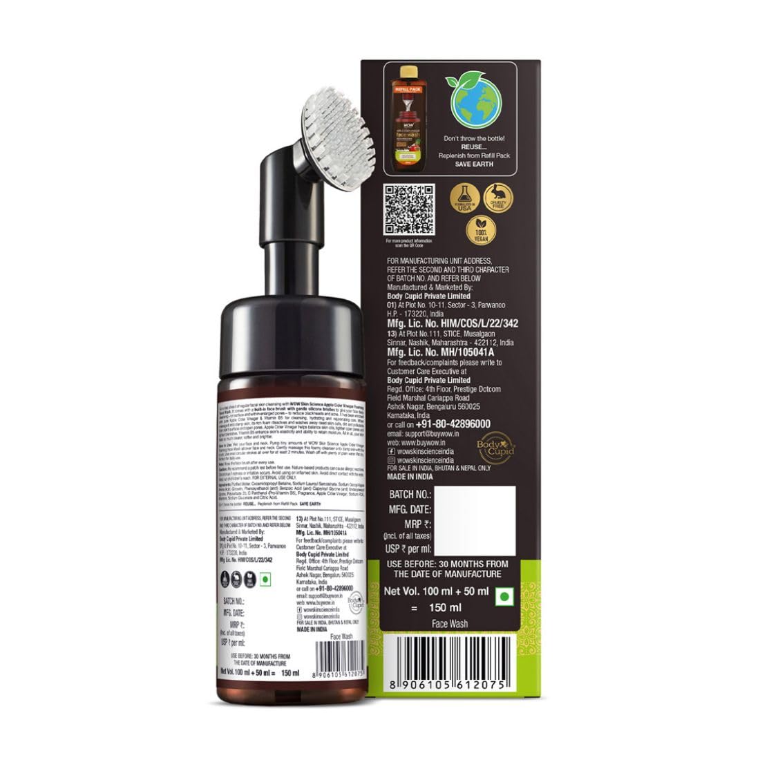 WOW Skin Science Apple Cider Vinegar Foaming Face Wash with Brush, 150ml - Image 8