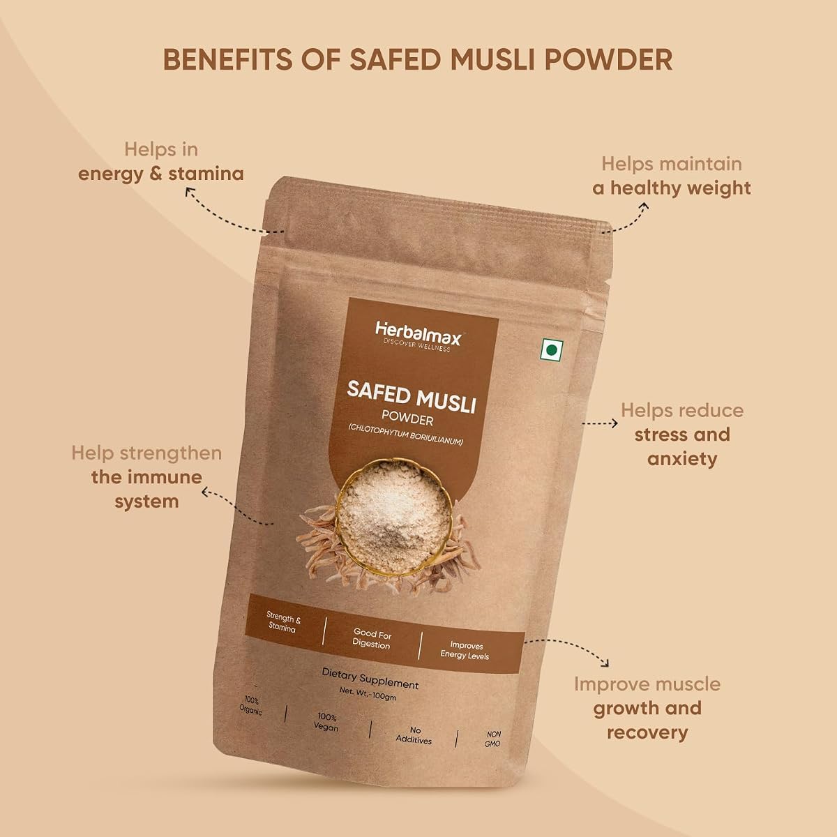 Herbal Max Safed Musli Powder - Organic Herbal Supplement - 100g - Image 2