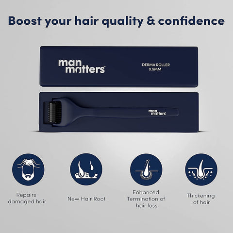 Man Matters Derma Roller with Disinfectant | 540 Micro 0.5mm Titanium Alloy Needles | Reduces Hair Fall & Stimulates Hair Follicles | Easy to use | Safe and Effective