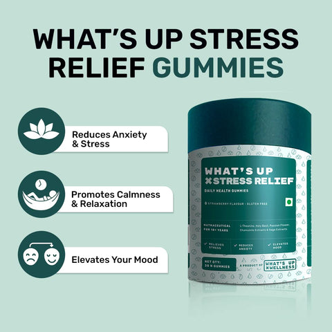 What's Up Wellness Stress Relief Gummies with Chamomile, Passion Flower, L-theanine, Sage & Holy Basil, Help reduce Stress 30 Gummy Pack