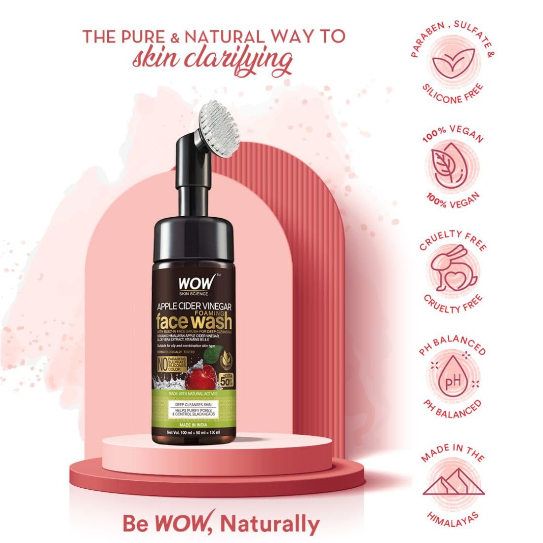 WOW Skin Science Apple Cider Vinegar Foaming Face Wash with Brush, 150ml - Image 6