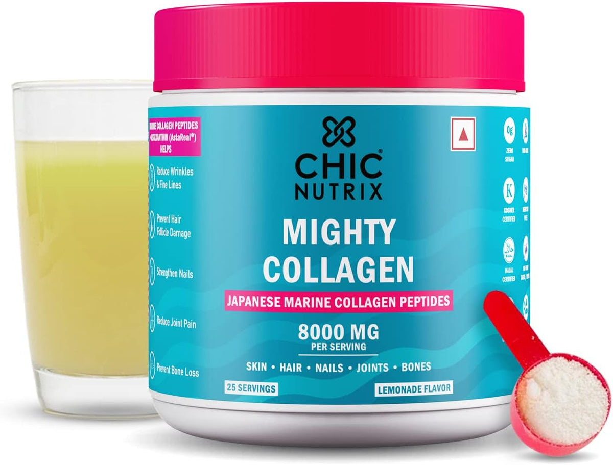 Chicnutrix Marine Collagen - 8G Japanese Collagen Powder, 25 Servings, Lemonade Flavour, 340G