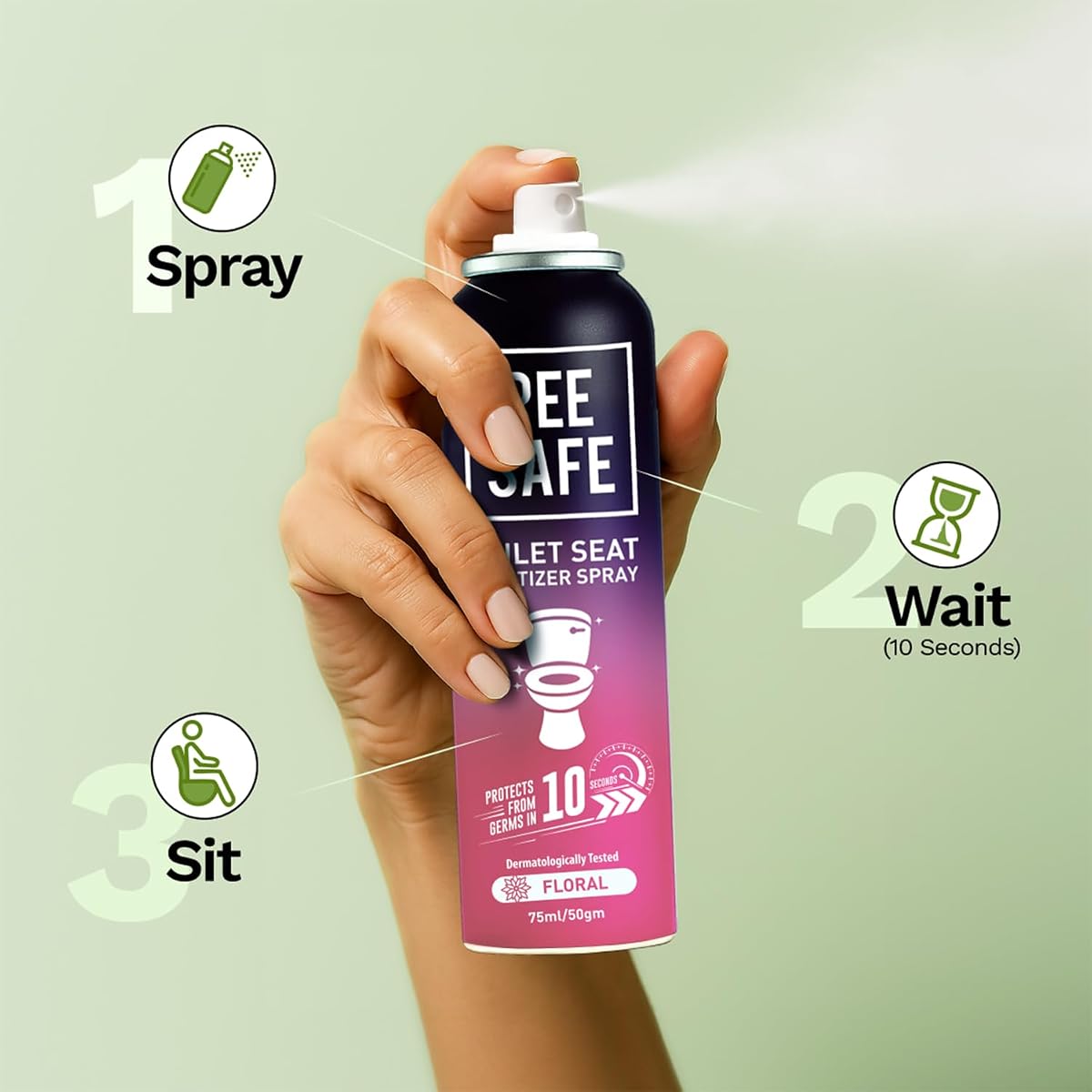 Pee Safe Toilet Seat Sanitizer Spray - Floral Fragrance, 75ml - Image 4