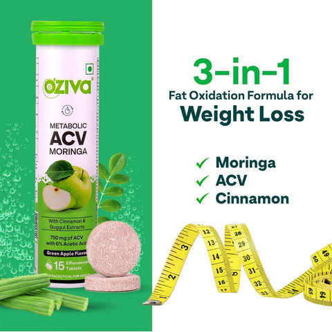 Oziva Acv Moringa|Control Cravings I Apple Cider Vinegar, Cinnamon, Guggul I No Maltodextrin & No Added Sugar I 15 Effervescent Tablets - Green Apple, 15 Capsules