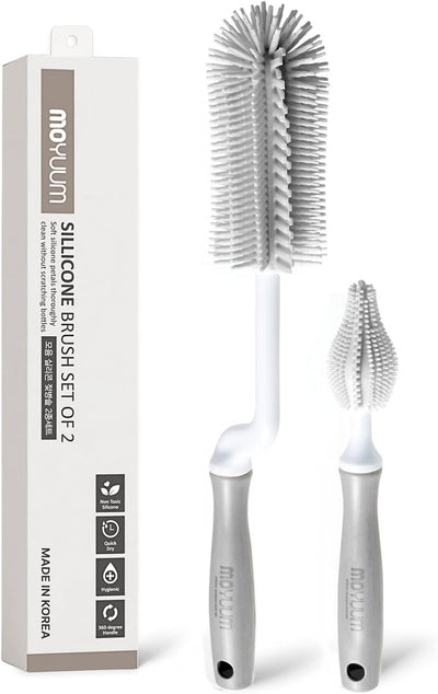 Moyuum Silicone Bottle Cleaning Brush Set Spong Bottle & Nipple Brus with 360° Rotating Handle – Soft, Scratch-Free Bristles for Baby Bottles, Nipples & Glasses, Quick-Drying and Durable (Grey)