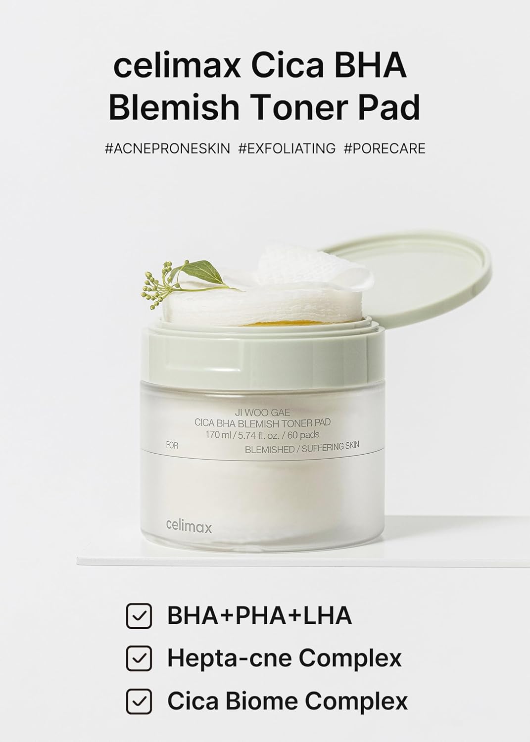 CELIMAX Ji Woo Gae CICA BHA Blemish Toner Pad - Exfoliating Pad, 60 Pads - Image 3