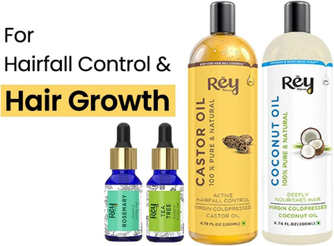 Rey Naturals hair oils combo/hair care kit (Castor oil + Coconut oil + Tea tree oil + Rosemary oil) controls hairfall