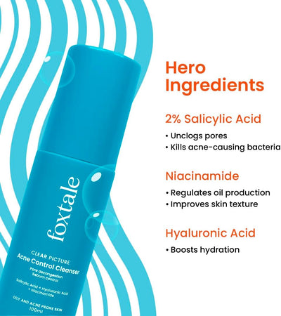 Foxtale Acne Control Cleanser 2% Salicylic Acid 100ml - For Oily & Acne Prone Skin - Image 3