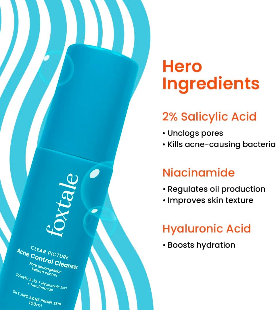 Foxtale Acne Control Cleanser 2% Salicylic Acid 100ml - For Oily & Acne Prone Skin - Image 3