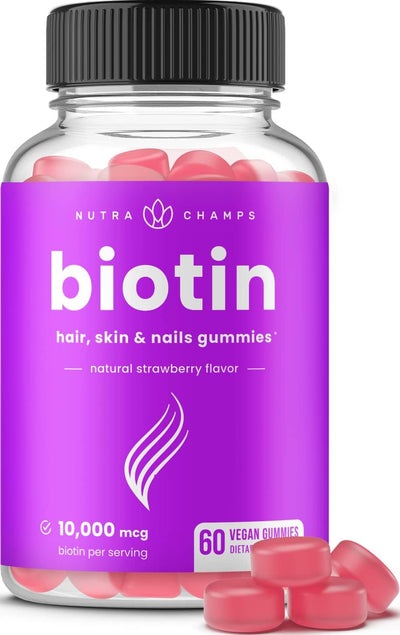 NutraChamps , Biotin Gummies, Natural Strawberry, 60 Vegan Gummies