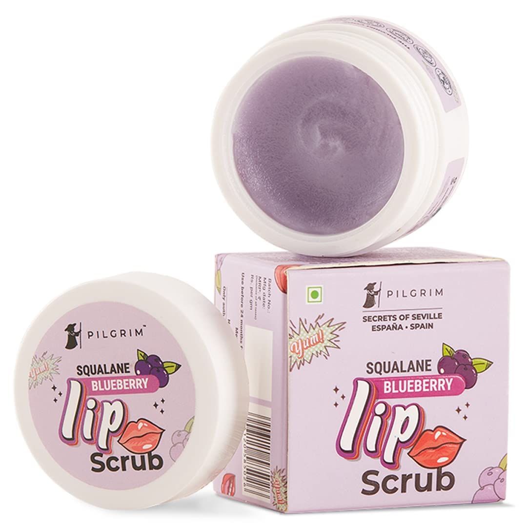 Pilgrim Spanish Squalane Lip Scrub (Blueberry) for Women & Men for Smooth Lips | Lip Scrub for Dark Lips | Lip Scrub with Sugar & Shea Butter for gentle exfoliation, hydrated, smooth & soft lips| 8 gm