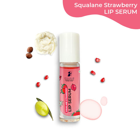Pilgrim Squalane Lip Serum (Strawberry) with roll-on for Visibly Plump Lips | Hydrating Lip serum for dark lips | Lip serum with Shea Butter & Pomegranate for plump & soft lips | Men & Women | 6 ml