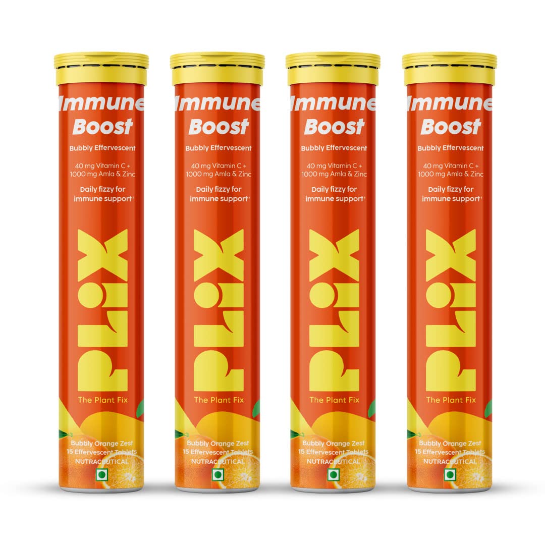 PLIX - THE PLANT FIX Vitamin C Immunity Booster 15 Effervescent Tablets|Pack Of 4 (Orange Flavour)|Contains Amla And Zinc|Helps Improve Mood|Increases Energy Levels|Gluten-Free|Non-Gmo|Vegan