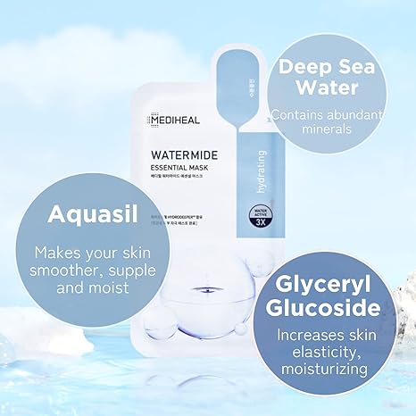 Mediheal Best Korean Watermide Essential Face Mask | 10 Hydrating And Moisturizing Sheet Masks | With Water 3X Complex | For All Skin Types