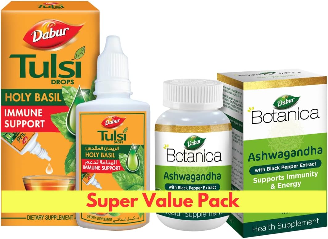 Dabur Botanica Ashwagandha  - 60 capsules + Dabur Tulsi Drops - 30 ml Combo Set