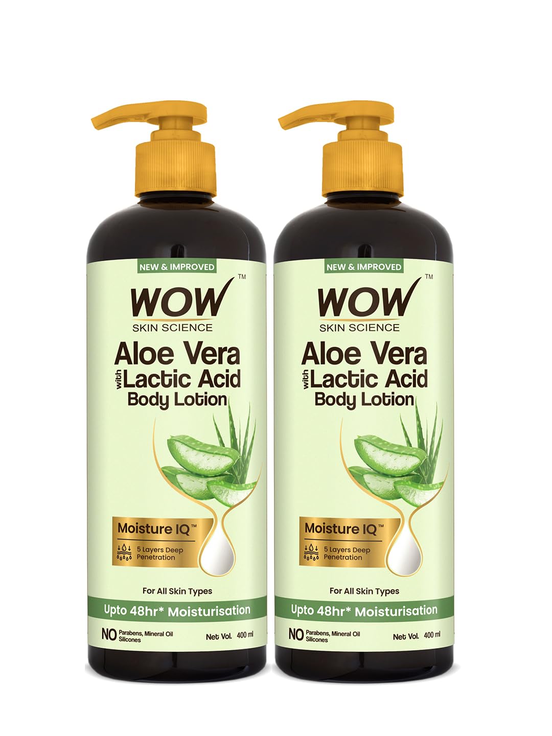 Wow Aloe Vera with Lactic Acid Body Lotion - Ultra Light Hydration, 400ml, Pack of 2