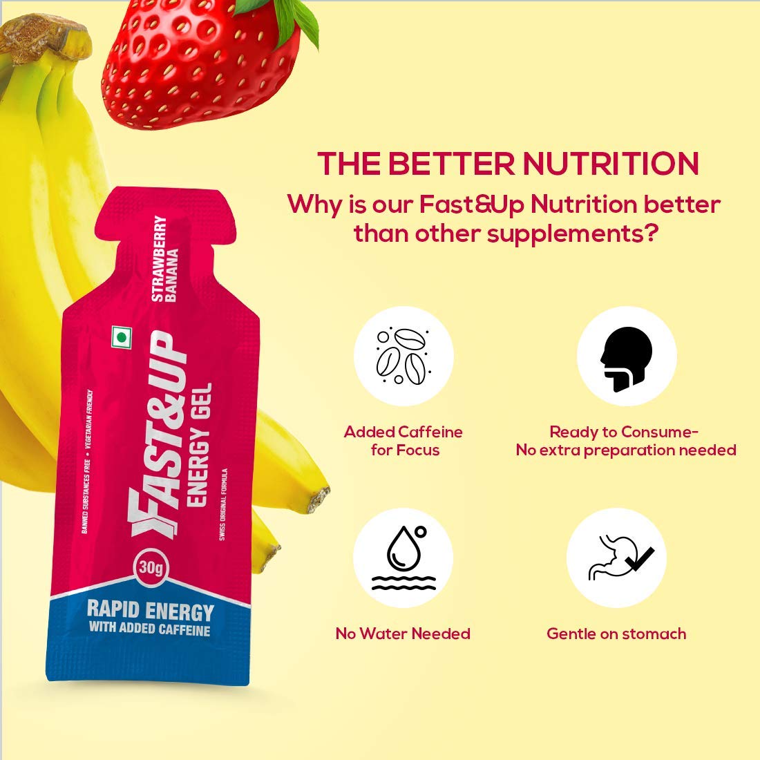 Fast & Up Energy Gels - Instant Energy + Caffeine, Strawberry Banana - Pack of 5 - Image 5