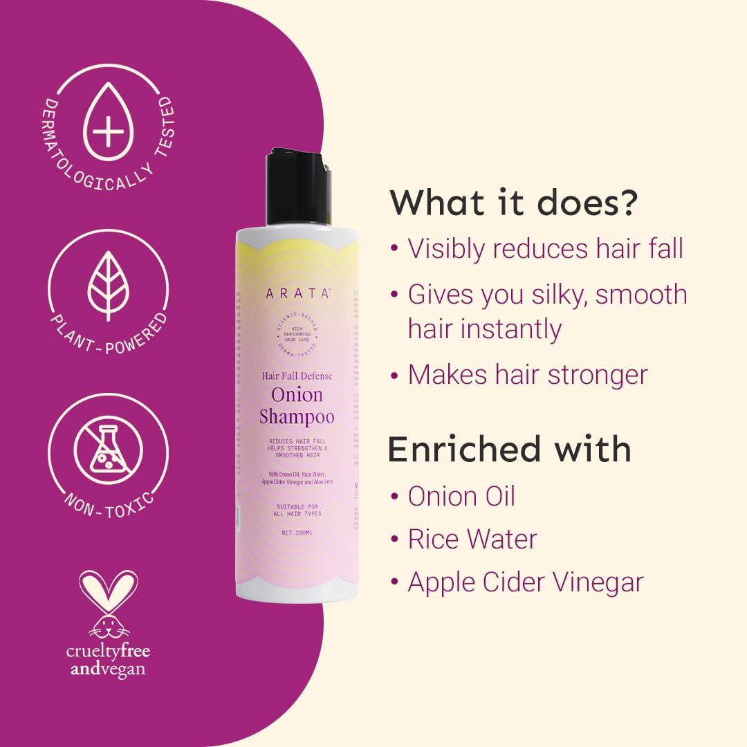 Arata Onion Shampoo - Hair Fall Defense, Natural Ingredients, 200 ml - Image 3