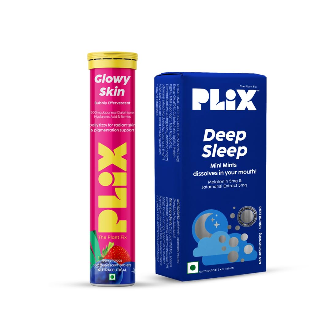 PLIX THE PLANT FIX Beauty Sleep Combo - Deep Sleep 30 Mini Mints with Melatonin for a Restful Sleep and Skin Glow Glutathione 15 Effervescent Tablets for Youthful and Glowy Skin