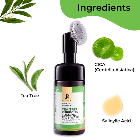 PILGRIM Australian Tea Tree and Salicylic acid Foaming Face wash with brush-Tea Tree face wash with-salicylic acid and CICA for oily skin-acne and pimples-Oily skin cleanser for face-Women- Men-120ml