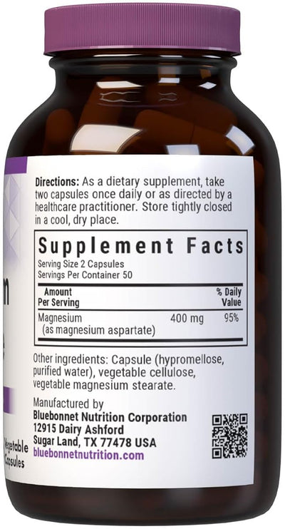BlueBonnet Magnesium Aspartate Capsules - 400mg, Vegan, 100 Pack - Image 2
