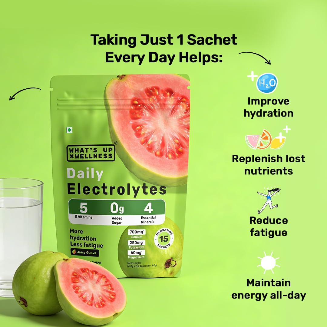 What's Up Daily Electrolytes Powder - Juicy Guava Flavour, 15 Sachets - Image 2