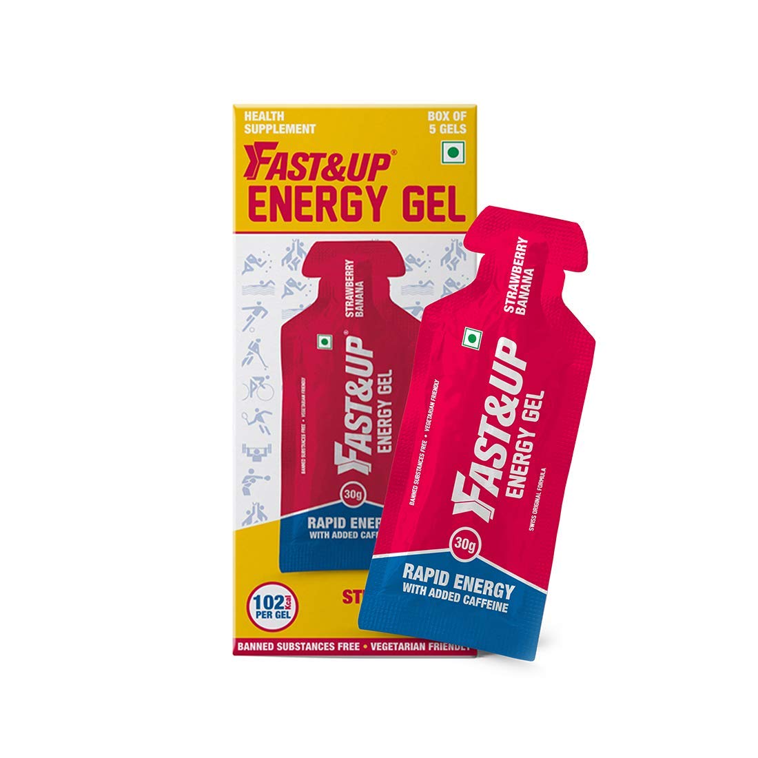 Fast & Up Energy Gels - Instant Energy + Caffeine, Strawberry Banana - Pack of 5