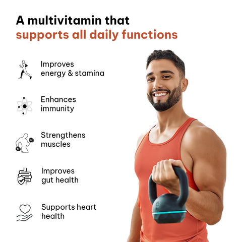 HK Vitals Multivitamin Plus Men، 60 قرصًا | فيتامينات متعددة يومية للرجال، لتعزيز الطاقة، والقدرة على التحمل، والمناعة، وصحة الأمعاء، والقلب، والعظام، والعضلات