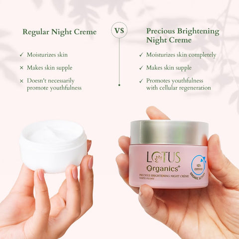 Lotus Organics+ Precious Brightening Night Crème for a brighter appearance, 100% Certified Organic Actives, Natural Night Crème for Skin Brightening, 50 gm