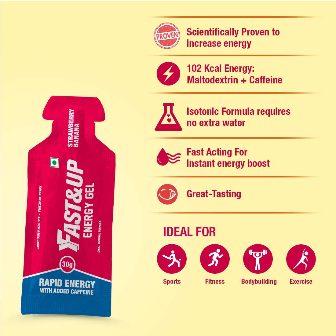 Fast & Up Energy Gels - Instant Energy + Caffeine, Strawberry Banana - Pack of 5 - Image 3