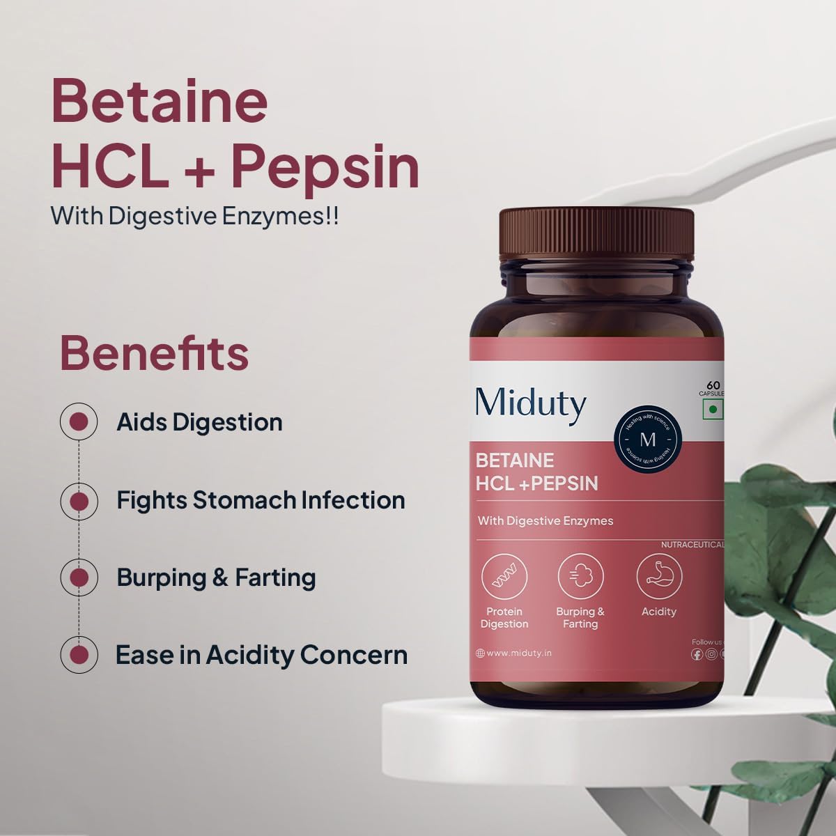 Miduty Betaine HCl + Pepsin - Digestive Health Support - 60 Capsules - Image 4