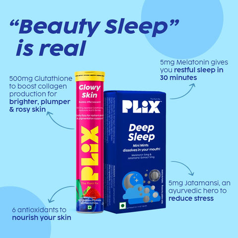 PLIX THE PLANT FIX Beauty Sleep Combo - Deep Sleep 30 Mini Mints with Melatonin for a Restful Sleep and Skin Glow Glutathione 15 Effervescent Tablets for Youthful and Glowy Skin