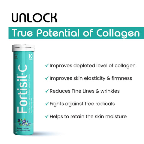 Fortisil-C - High Performance Marine Collagen 1.25gm | Vitamin C 32.5mg | Skin Firmness & Hydration | 10 Effervescent Tablets