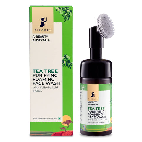 PILGRIM Australian Tea Tree and Salicylic acid Foaming Face wash with brush-Tea Tree face wash with-salicylic acid and CICA for oily skin-acne and pimples-Oily skin cleanser for face-Women- Men-120ml