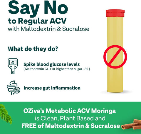 Oziva Acv Moringa|Control Cravings I Apple Cider Vinegar, Cinnamon, Guggul I No Maltodextrin & No Added Sugar I 15 Effervescent Tablets - Green Apple, 15 Capsules